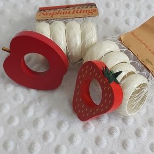 Vermont Wooden Napkin Rings Lot Vintage White Wood Strawberry Apple Set Of 10